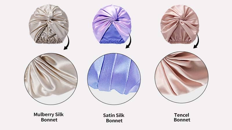 Close-up comparison of silk, satin, and Tencel fabrics showing texture, sheen, and breathable surface differences for bonnet materials.