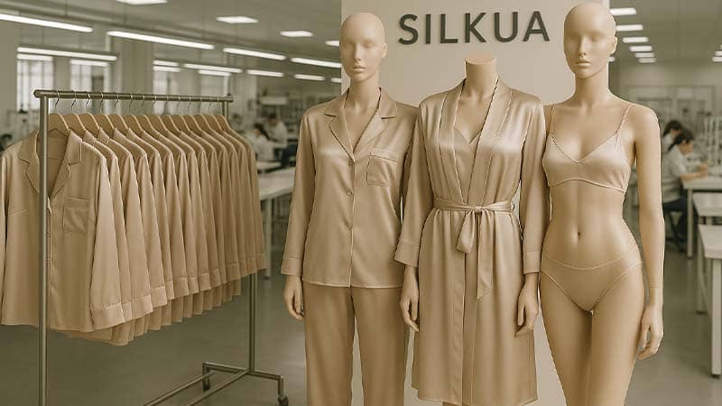 Silkua silk sleepwear factory team reviewing quality control checklist for premium silk pajamas, robes and lingerie