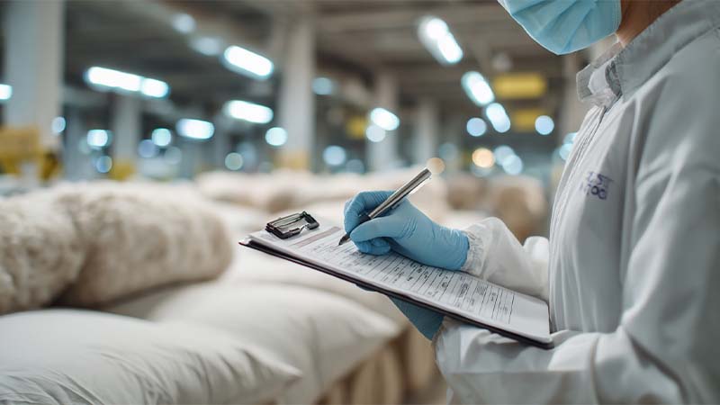 Quality inspector performing AQL inspection on silk pillowcase and silk scrunchie, checking stitching and fabric defects with a QC checklist in a clean factory setting.