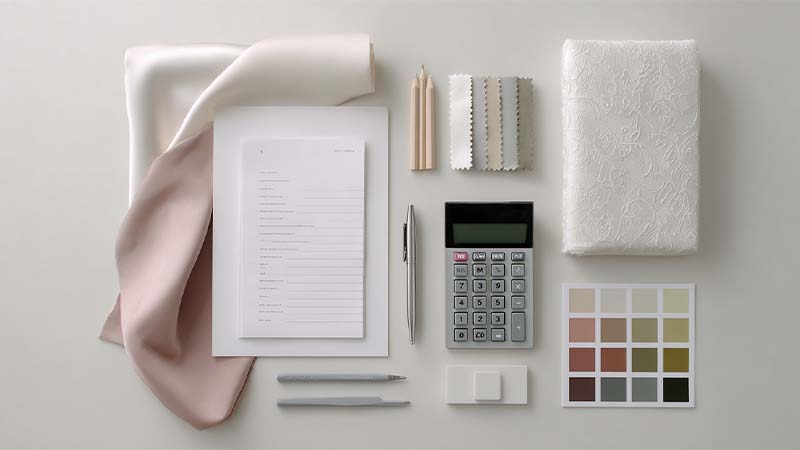 Flat lay of a silk supplier RFQ template and quote comparison checklist with silk fabric swatches, showing how to compare silk manufacturing quotes apples to apples.