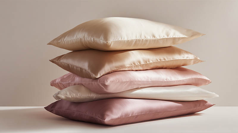 Stacked mulberry silk pillowcases in champagne, ivory and blush showing perfect color consistency and even sheen, demonstrating factory prevention of common silk pillowcase quality issues.