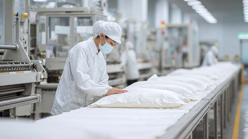 Quality control inspectors in a silk pillowcase factory checking color, size and stitching of mulberry silk pillowcases to prevent common quality issues at the factory level.