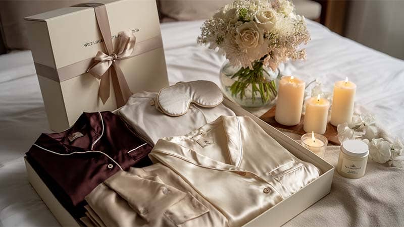 Elegant bridal-style gift set featuring mulberry silk pajamas, robe, and eye mask in luxury packaging, showing premium brand positioning with mulberry silk pajamas for the high end gift market.