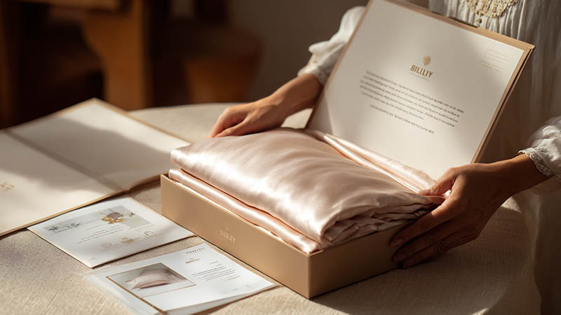 Premium mulberry silk pillowcase neatly folded in a branded gift box with care card, showing high‑end packaging and shipping protection for luxury silk pillowcase ecommerce brands.