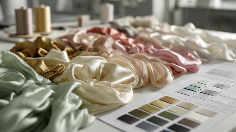 Silk lab dip swatches and color cards used to approve dye shades before bulk production with a China silk sleepwear supplier.