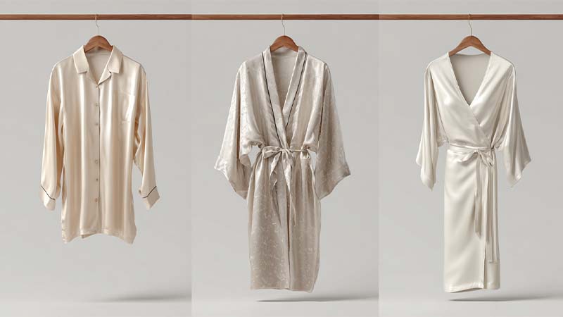 Side-by-side display of silk pajama set, silk robes, and silk nightgown styles for buyers comparing custom and wholesale options with an OEM/ODM manufacturer in China.