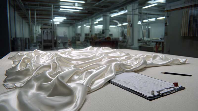 Incoming inspection (IQC) of 16mm mulberry silk charmeuse showing common fabric defects for OEM silk sleep mask production