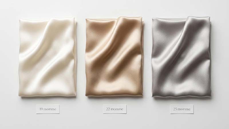 Flat lay of silk charmeuse swatches comparing 19 vs 22 vs 25 momme silk for price comparison and durability.