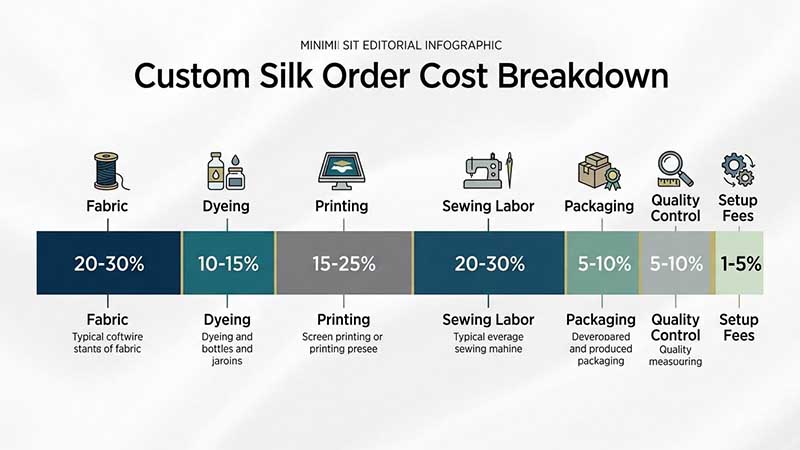 Infographic showing a custom silk order cost breakdown (fabric vs labor vs packaging), including dyeing, printing, QC, and setup fees.