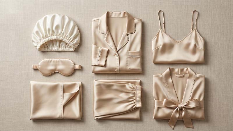 Flat lay of custom silk products: silk pajama, silk dress, silk robes, silk bonnet, silk sleep mask, and silk pillowcase for OEM manufacturing.