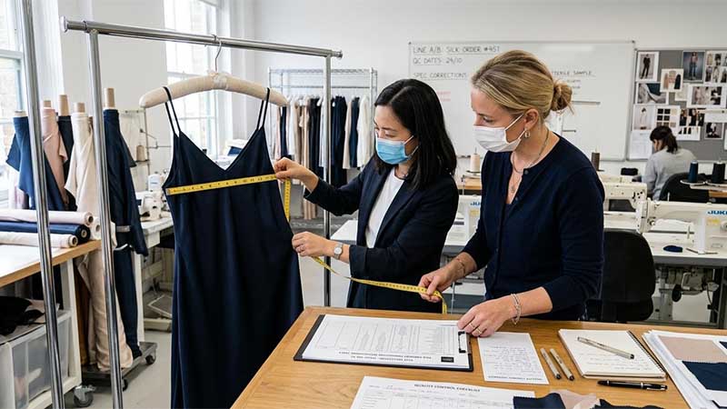 Silk garment sample review with measurement chart and quality control notes during silk garment manufacturing and tech pack development