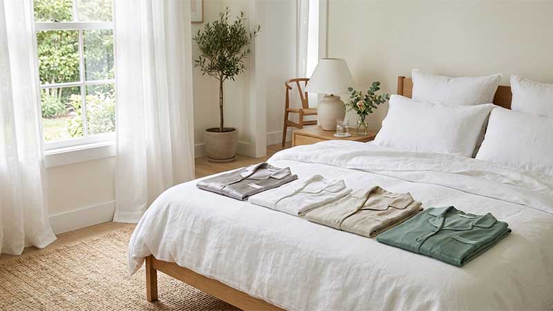 Best fabric for summer pajamas shown in a cool airy bedroom with lightweight silk, cotton, linen, and Tencel sleepwear