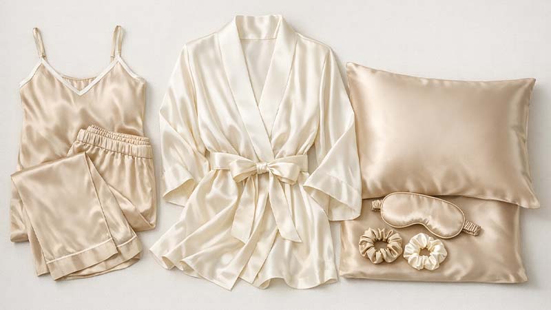 Custom silk apparel, silk pillowcase, sleep mask, and accessories collection for private label manufacturing