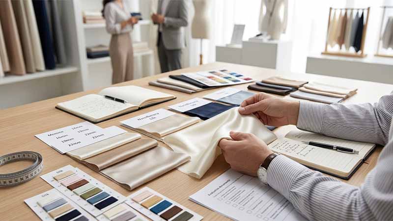Buyer evaluating mulberry silk fabric swatches and momme weight samples for a custom silk manufacturer quality inspection