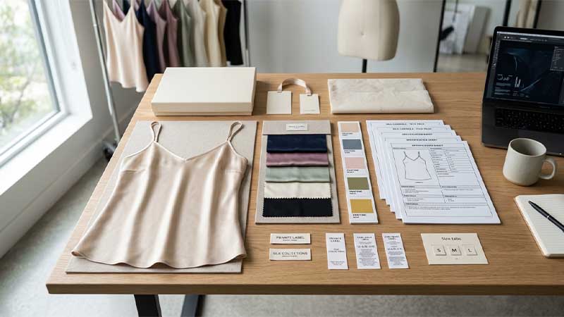 Private label silk camisole sampling scene with fabric swatches, labels, and packaging for silk sleepwear sourcing