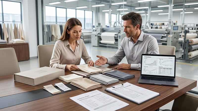 Buyer reviewing samples, packaging, MOQ, and quality control checklist with a reliable custom silk manufacturer