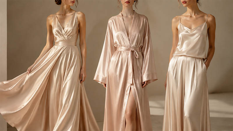 Best fabrics for dresses robes and camisoles showing soft fabric drape and elegant garment silhouettes