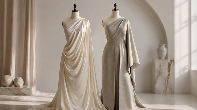Fabric drape explained with soft drape vs structured drape shown on dress forms in a fashion studio