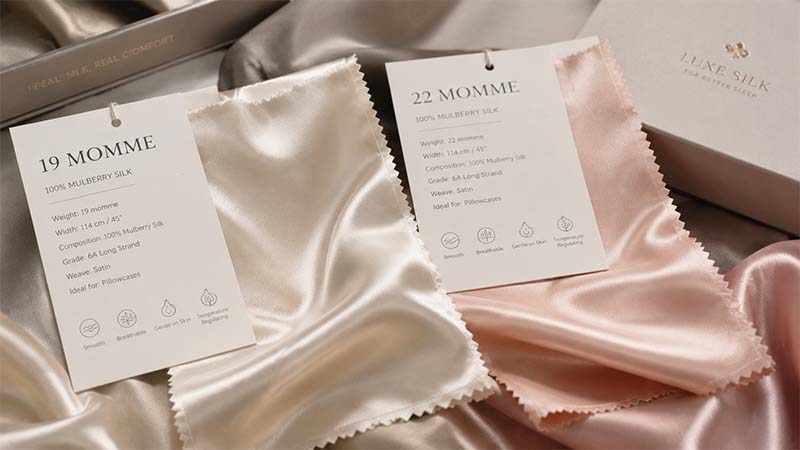 Mulberry silk pillowcase fabric specifications showing 19 momme and 22 momme silk samples for supplier evaluation