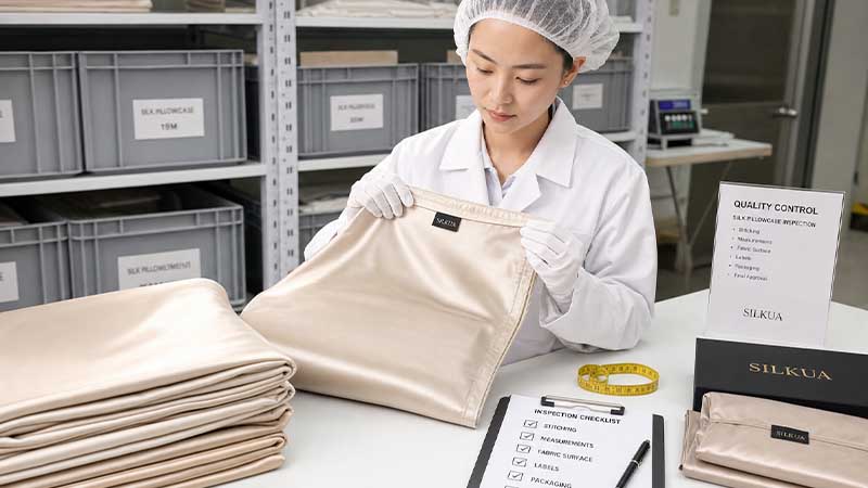 Silk pillowcase quality control inspection checking stitching measurements labels and packaging before shipment