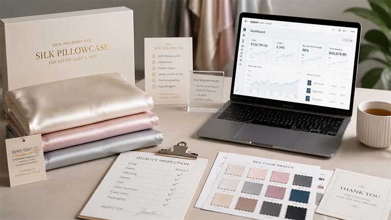 Silk pillowcase supplier sourcing setup for Amazon and Shopify brands with samples packaging and quality review materials