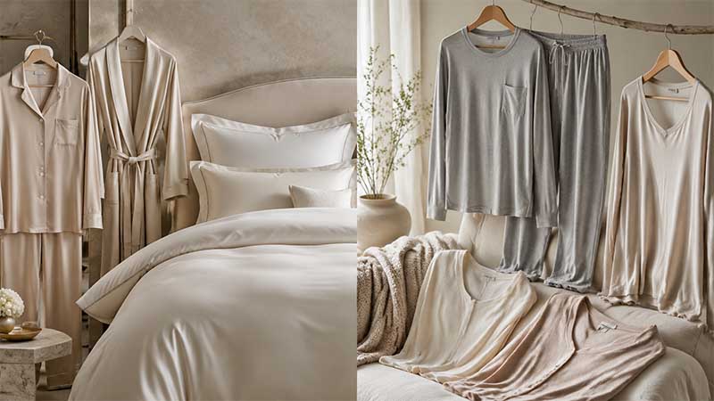 Woven vs knit fabrics for sleepwear, loungewear, and bedding comparison showing structured woven pajama and bedding products beside soft knit loungewear