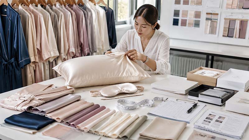 Quality control checklist for custom silk products, showing a buyer inspecting silk pillowcases, fabric swatches, and supplier samples before bulk production