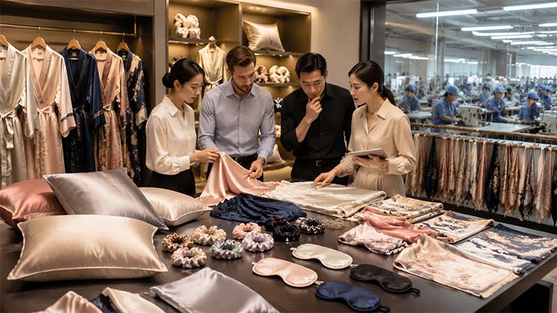 Silk custom manufacturing factory for private label and bulk production, showing custom silk pillowcases, robes, eye masks, and product development samples