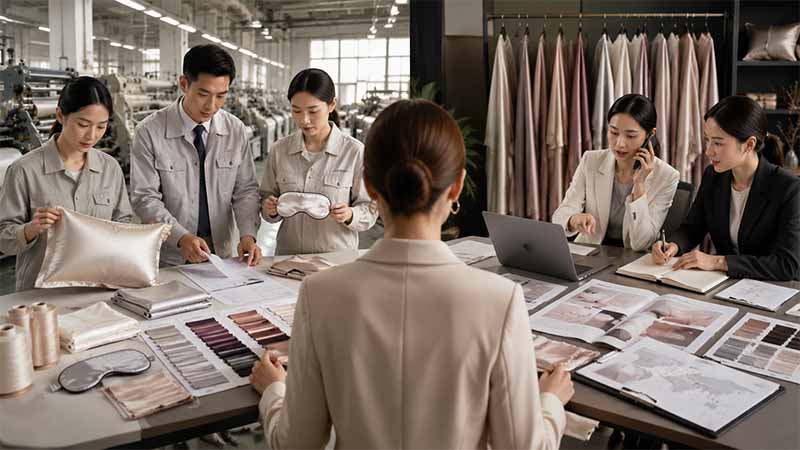 Silk manufacturer vs trading company comparison for custom silk products, showing a buyer choosing between direct factory production and intermediary sourcing