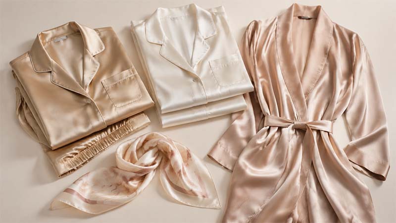 Premium silk garment collection showing silk pajamas, robe, and scarf with smooth fabric finish and luxury quality details