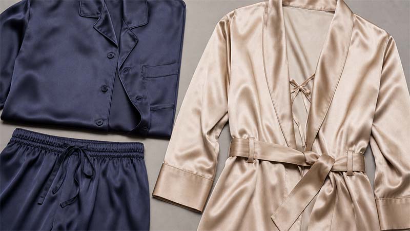 Silk pajama buttons, elastic waistband, and silk robe tie closures