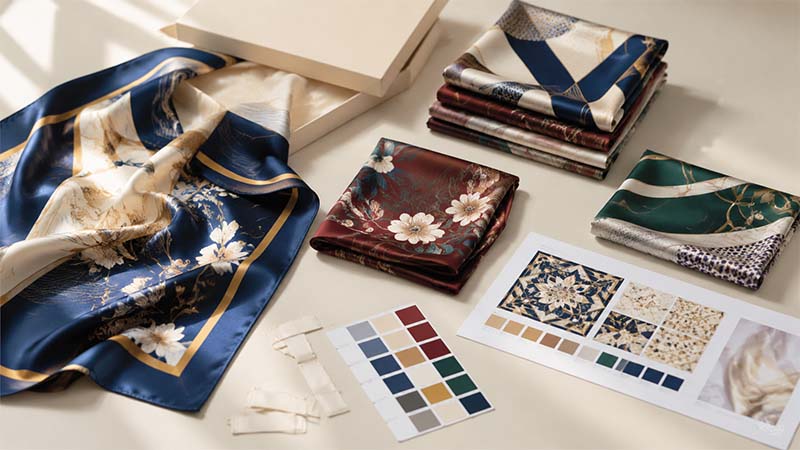 Custom silk scarf MOQ guide with printed silk scarves, color swatches and packaging samples