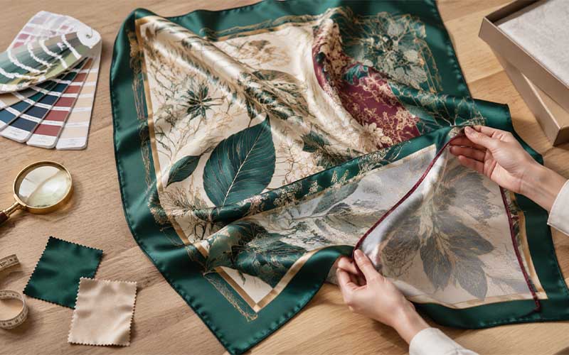 Custom silk scarf physical sample undergoing printing and quality inspection before bulk production