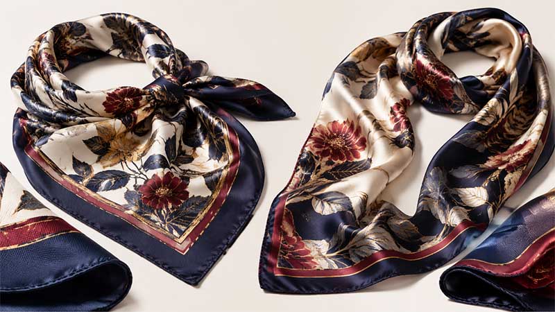 Silk twill and charmeuse custom scarves with different drape and rolled hems
