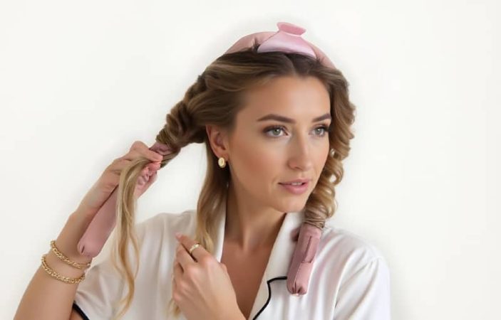 Woman wrapping her damp hair around a silk heatless hair curler for heat-free styling.