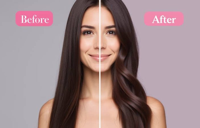 Before and after results of using a silk heatless hair curler, showing soft, bouncy curls without heat damage.