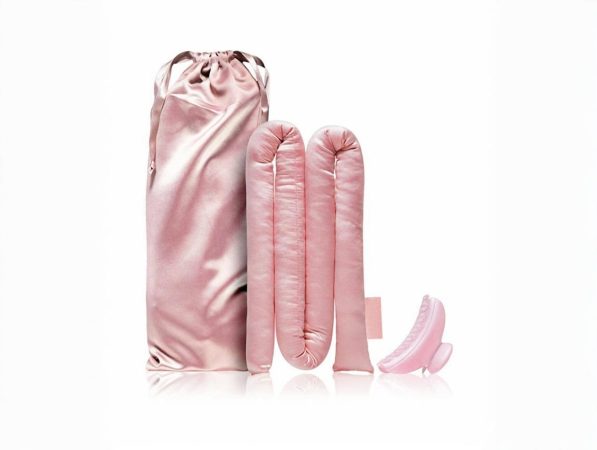 Silk heatless hair curler set with silk curling rod, hair scrunchies, and clip for gentle heat-free curls.